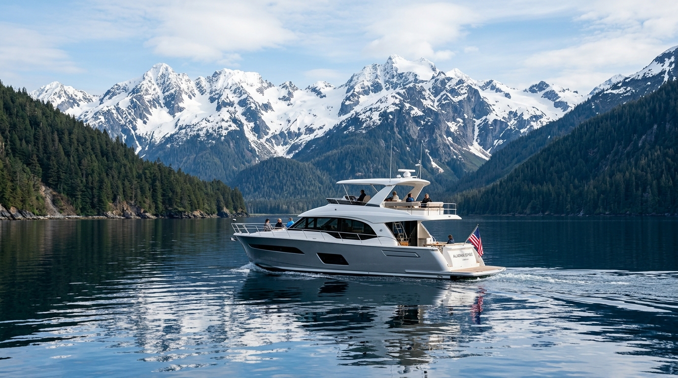 Motorboat and fishing vessel cruising Alaska waters with mountain scenery