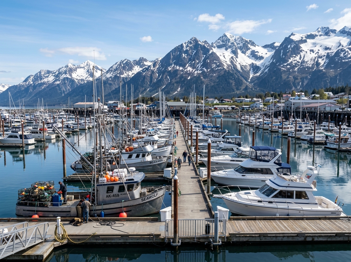 Recreational boats and fishing vessels docked in an Alaskan marina